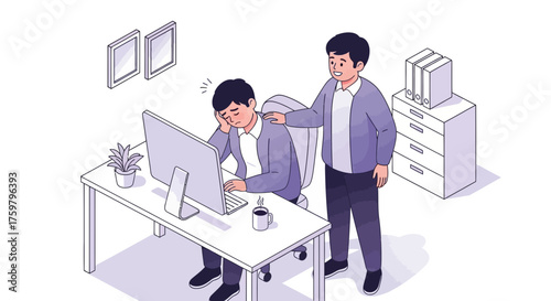 An illustration of a man at his desk, looking tired, with another man patting his shoulder.
