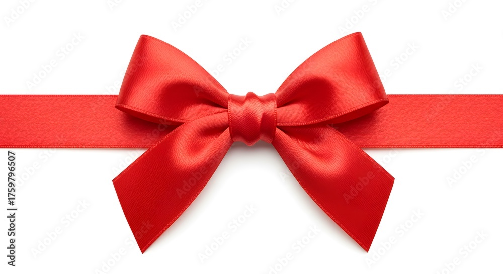 Fototapeta premium Close-up of a bright red satin ribbon tied in a bow, centered, against white