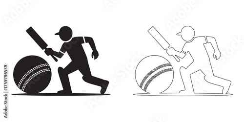 Silhouette and sketch of a cricketer batting with a ball ready to be hit
