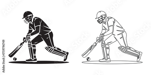 Stylized silhouette and outline illustration of a cricketer batting in action