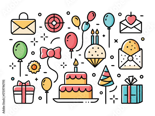 Colorful Vector Illustration Of Birthday Party Elements On A White Backdrop