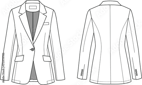 Women's tailored blazer, fashion illustration, technical sketch, front and back view, notched lapel, single button, princess seams, garment design