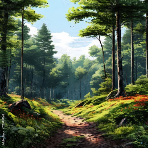 an AI Image Generator, Serene Forest Trail Illuminated by Morning Sunlight and Surrounded