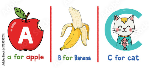 Illustration of hand drawn cute cartoon alphabet with apple, banana and cat isolated on transparent background