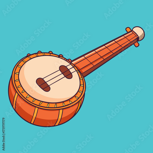 A cartoon banjo on a turquoise background