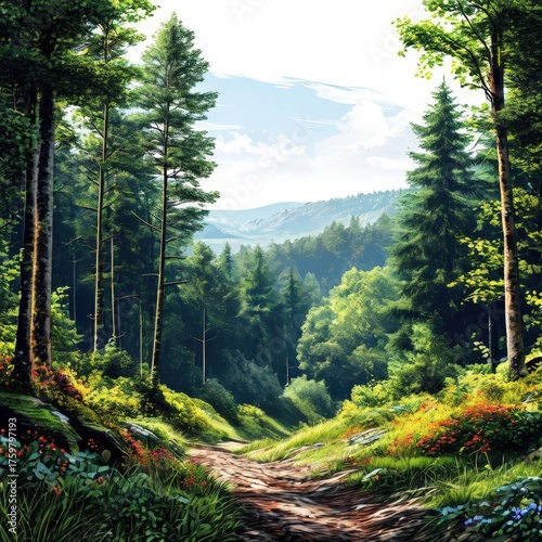 an AI Image Generator, Serene Forest Trail Illuminated by Morning Sunlight and Surrounded