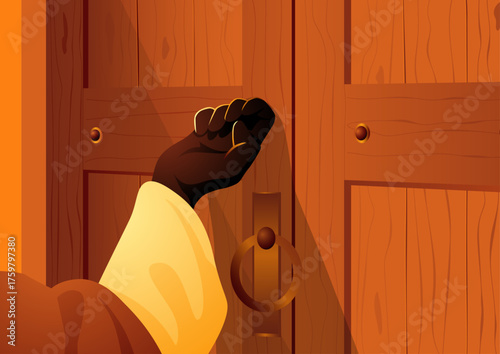Biblical illustration of Jesus hand knocking on a wooden door, this symbolic artwork represents divine invitation, faith, and personal relationship with Christ.