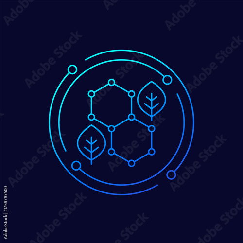 Biomaterial icon with molecule and leaves, linear design