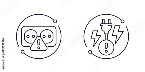 electric socket warning line icons, power outlet and plug on white