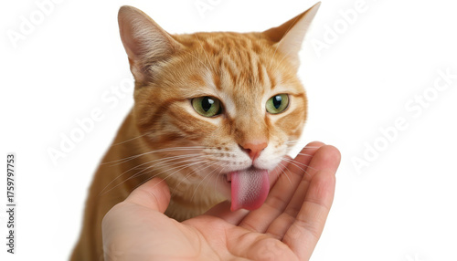 Close-up of a ginger tabby extending its tongue to taste a person’s palm