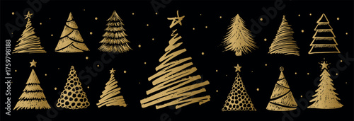 Christmas gold tree on black hand drawn illustrations.	
