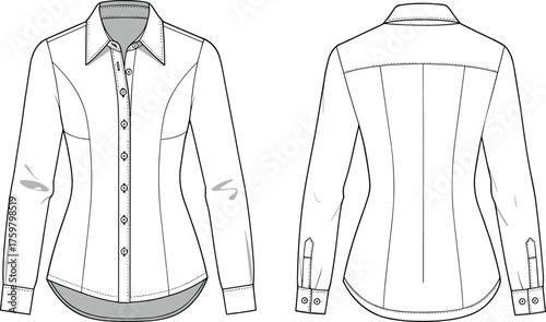 Women's button-up shirt sketch, front and back view, fashion flat, pointed collar, princess seams, yoke, cuffs, topstitching, hem