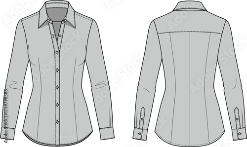 Women's shirt technical sketch, front and back view, button-up blouse, fashion flat, garment design, princess seams, yoke, cuffs, collar