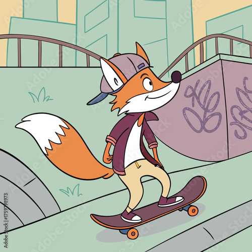 Cartoon fox skateboarding in urban environment, city skatepark scene