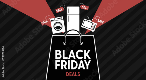 Black Friday Deals graphic with major appliance icons and sales tags exiting a shopping bag Retail promotion