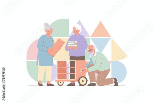 Elderly friends cooperatively assemble a cart embodying active retirement and teamwork