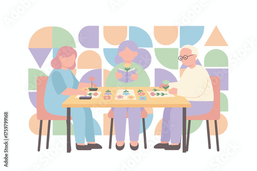 Three seniors enjoy artistic hobbies reading and flower crafting promoting wellness and community