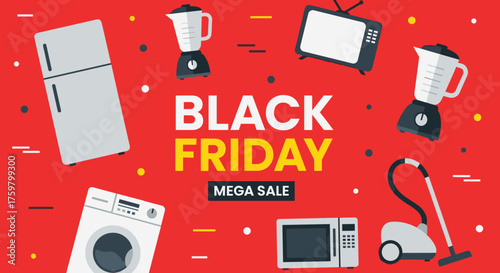 Black Friday Mega Sale illustration banner with home appliances and consumer electronics