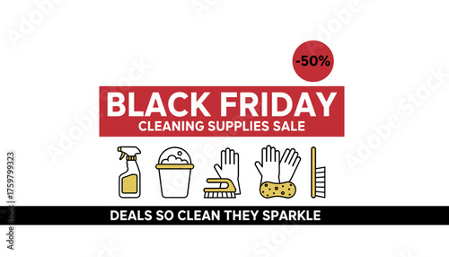 Black Friday cleaning supplies sale banner with discount and product icons