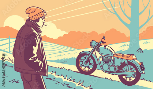 Young man wearing a woolen cap and jacket standing beside his motorbike on a foggy winter morning road, breath visible in cold air, sunlight diffused through mist, calm rural atmosphere."