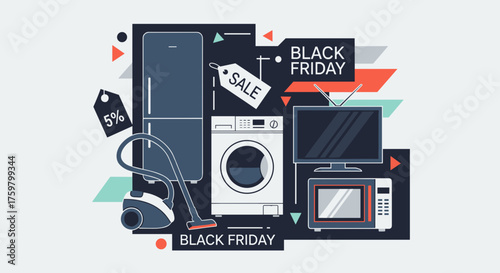 Black Friday sale banner with major home appliances and discount tags