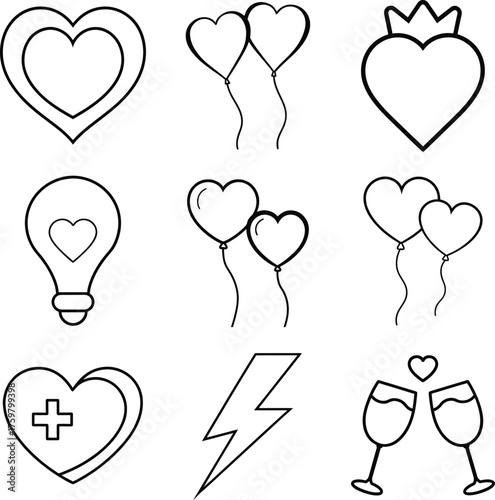 Love and Celebration Outline Icons Vector Set Heart, Balloons, Light Bulb, and Champagne Glasses Illustration