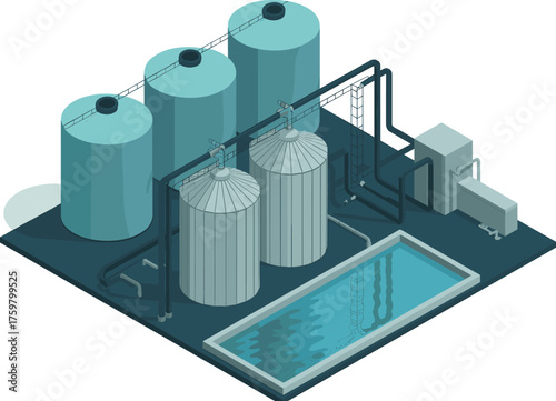 Industrial chemical storage tanks and water treatment facility with pipeline system and workers in protective suits