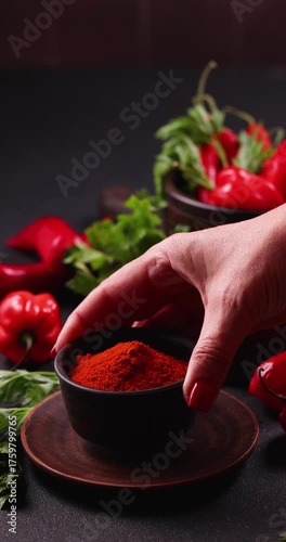 Woman placing bowl of red paprika spice