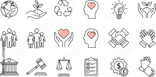 Sustainable Business Practices and Ethical Governance Icons Set Promoting Environmental Conservation, Social Responsibility, Corporate Integrity, Legal Compliance, and Social Justice Initiatives with