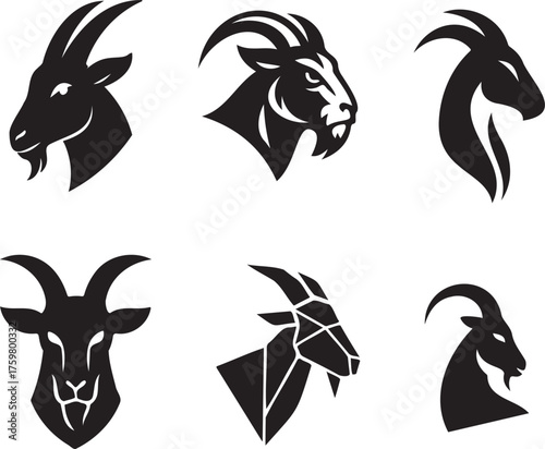 Collection of stylized goat head logos and icons, showcasing various artistic interpretations and designs, isolated on transparent background