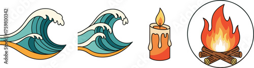 Elemental Icons: Ocean Waves Crashing on Sandy Beach, Burning Candle Flame, Bonfire in Circle - Representing Water, Fire, Light, Heat, Summer, Camping, Meditation, Nature, Spirituality, Relaxation, Gr