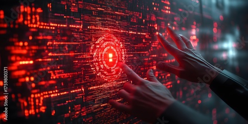 Hands interacting with a futuristic digital interface, data visualization concept