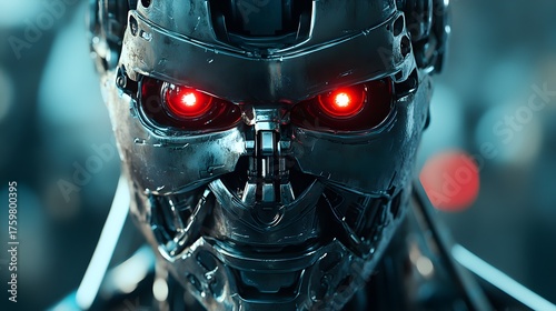 Close-up of a futuristic cyborg with glowing red eyes and metallic features