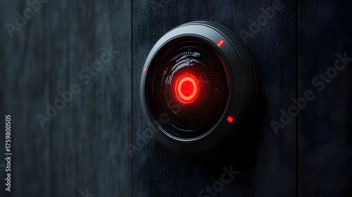 futuristic surveillance camera with a glowing red eye on a dark wall