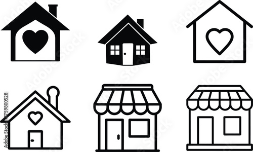 Home and Shop Icons Vector Set Heart House and Storefront Outline Illustration