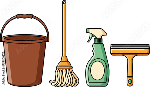 Cleaning Equipment Essentials: Brown Bucket, Yellow Mop, Green Spray Bottle, and Squeegee Ready for Household Chores, Spring Cleaning, Sanitation, Maid Service, Janitorial Work, and Home Hygiene, Illu
