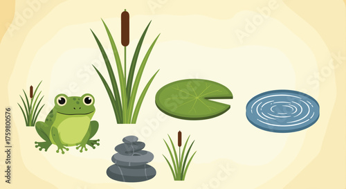 Cartoon Frog Relaxing by Pond with Lily Pad, Cattails, and Stacked Rocks in Serene Nature Scene Illustration for Children's Education, Ecotourism Promotion, Zen Meditation, and Relaxing Springtime Vib