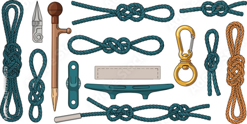 Maritime Knots and Nautical Gear Collection: Seaside Adventure Elements for Boating Enthusiasts and Seafarers, Illustrating Sailing, Marine Lifestyle, Coastal Decoration, Nautical Crafts, Nautical Des