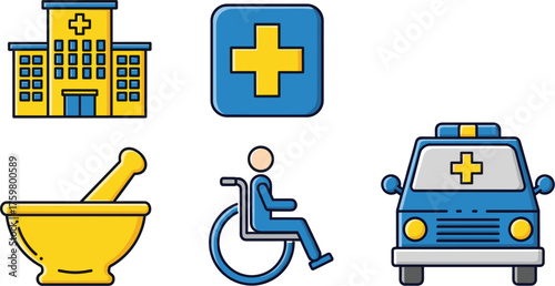 Healthcare Services & Medical Assistance: Hospital Building, Emergency Ambulance, Pharmacy Mortar & Pestle, Wheelchair Accessibility - Line Art Vector Icons for Wellness, Patient Care, Disease Treatme