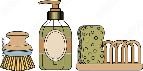 Eco-Friendly Dishwashing Set Illustration: Sustainable Cleaning Supplies for Kitchen Hygiene - Zero Waste Concept with Soap Dispenser, Brush, and Sponge in Holder, Promoting Clean Living, Minimalist A