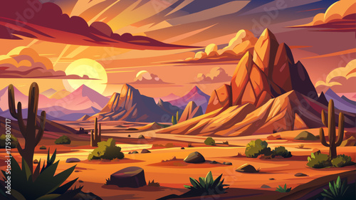 Very beautiful desert sunset painting the sky with warm orange and red tones over a dry landscape filled with rugged mountains, majestic rock formations, and golden evening light.
