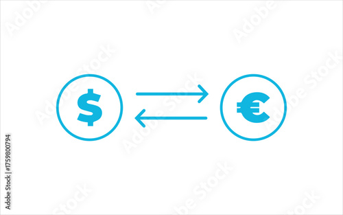 Simple flat vector illustration showing currency exchange between the US Dollar ($) and Euro (€) with bidirectional arrows, representing forex trade or money conversion concept