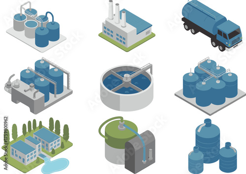 Isometric industrial factory and storage tank illustration, wastewater treatment plant, energy refinery,