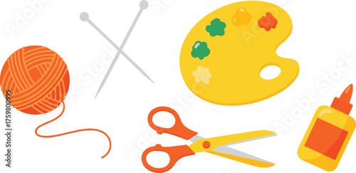 Craft Supplies Still Life: Yarn, Knitting Needles, Paint Palette, Scissors, and Glue for Creative Projects in Art Class, Hobbies, School Projects, DIY, and Educational Resources for Teachers and Stude