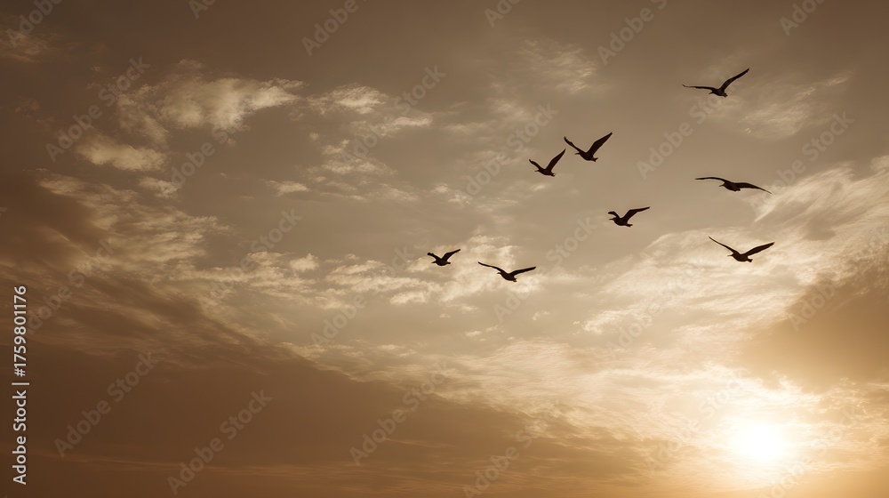 Fototapeta premium Flock of birds flies across a cloudy sky at sunset.