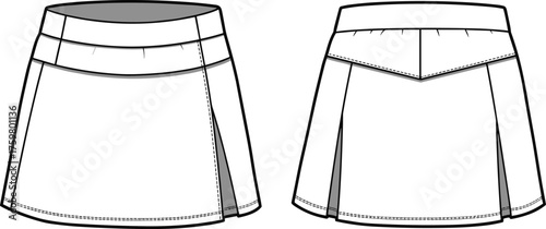 Technical skirt sketch, front and back view, fashion illustration, garment blueprint, pleated design, V-yoke detail, apparel template, sewing reference