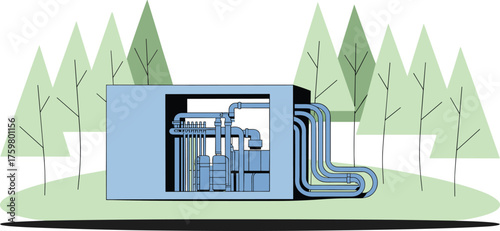 Modern compact nuclear reactor design in forest environment, clean energy technology illustration showing sustainable power generation and advanced engineering innovation
