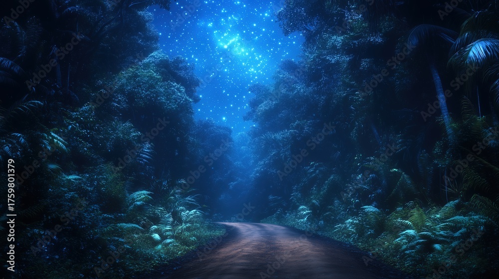 Fototapeta premium Moonlit Dirt Road Through Lush Tropical Forest at Night
