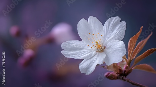 Delicate white flower with orange leaves blooms against a blurred purple background.