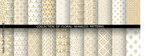 Geometric floral set of seamless patterns. White and golden vector backgrounds. Damask graphic ornaments